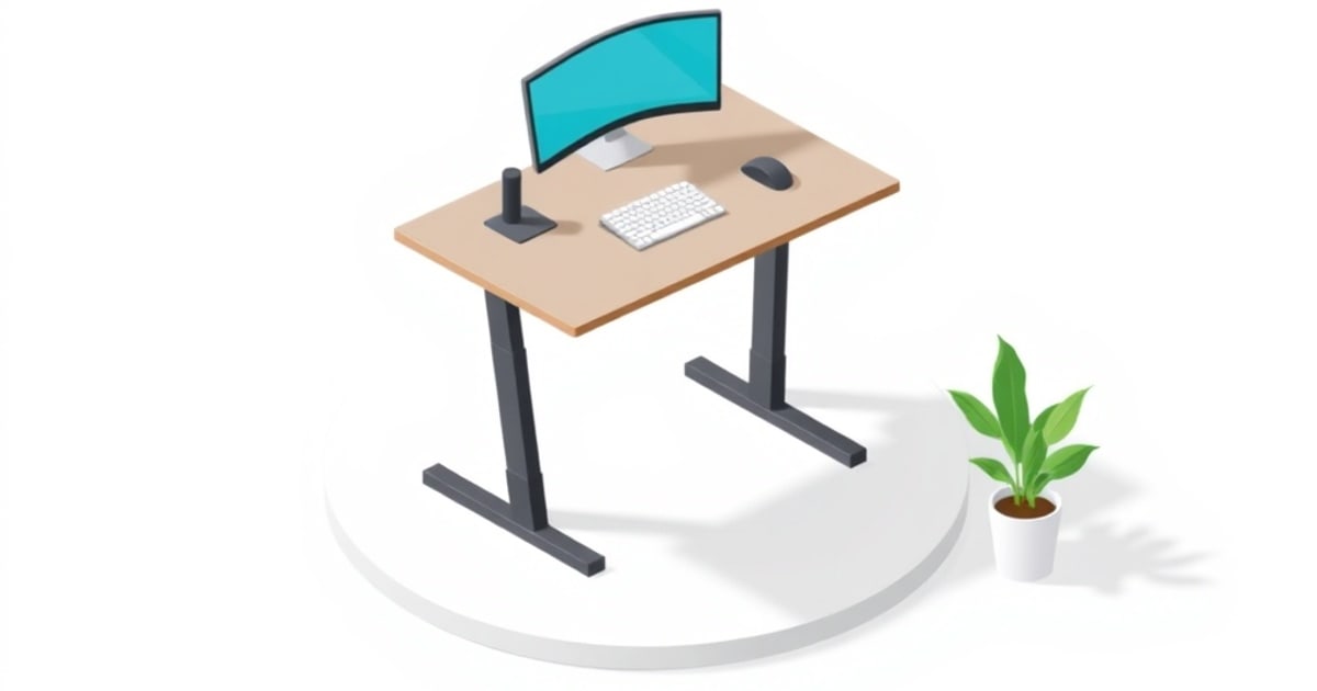 Isometric sit-stand desk raised to standing height with a stable bamboo top in a home office