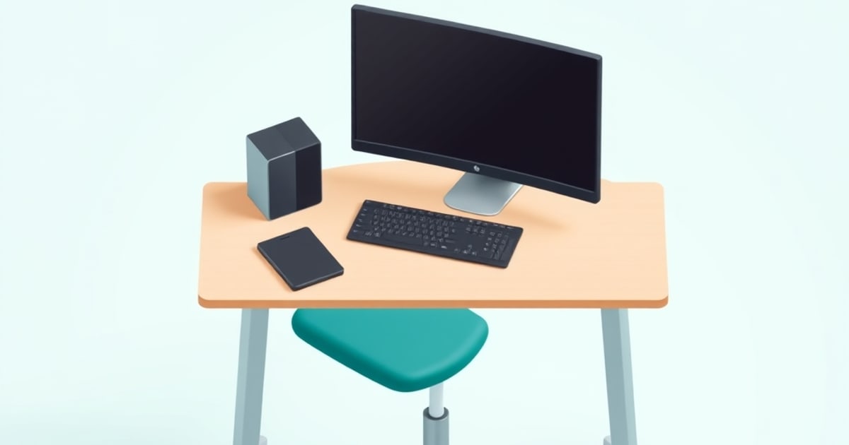 Isometric home office showing a coordinated standing desk and ergonomic chair pairing optimized for comfort and aesthetics