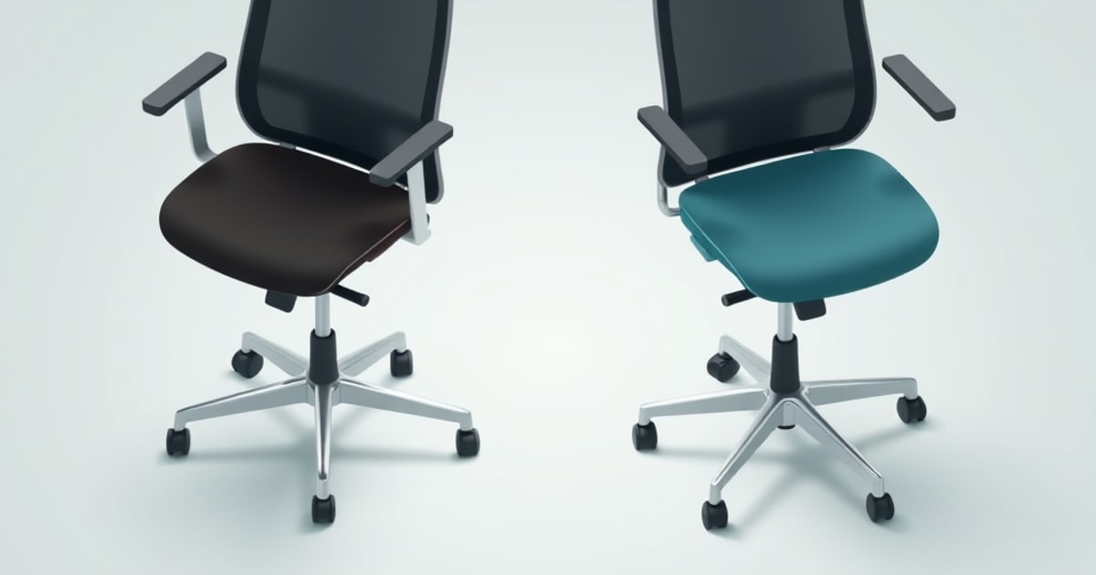 Isometric workspace with four distinct chair types: mesh task chair, executive chair, saddle stool, and kneeling chair