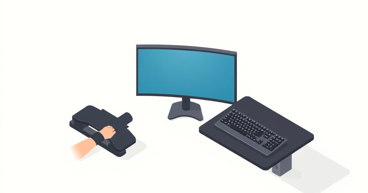 Isometric desk setup comparing keyboard tray, negative tilt, wrist rest, and forearm support positioned for neutral hand angle